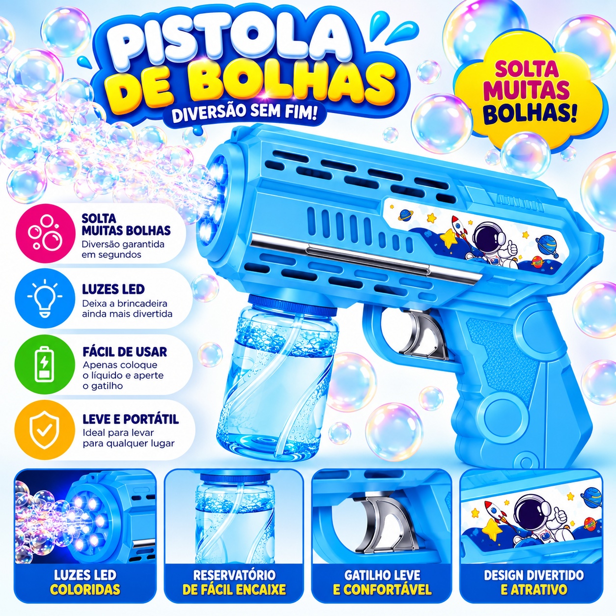 Pistola Automática de Bolhas de Sabão Infantil com Luzes LED (AZUL)