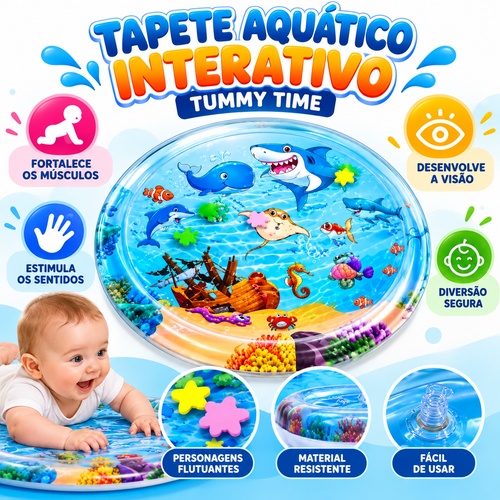 Tapete Aquático Interativo Inflável Tummy Time para Bebês