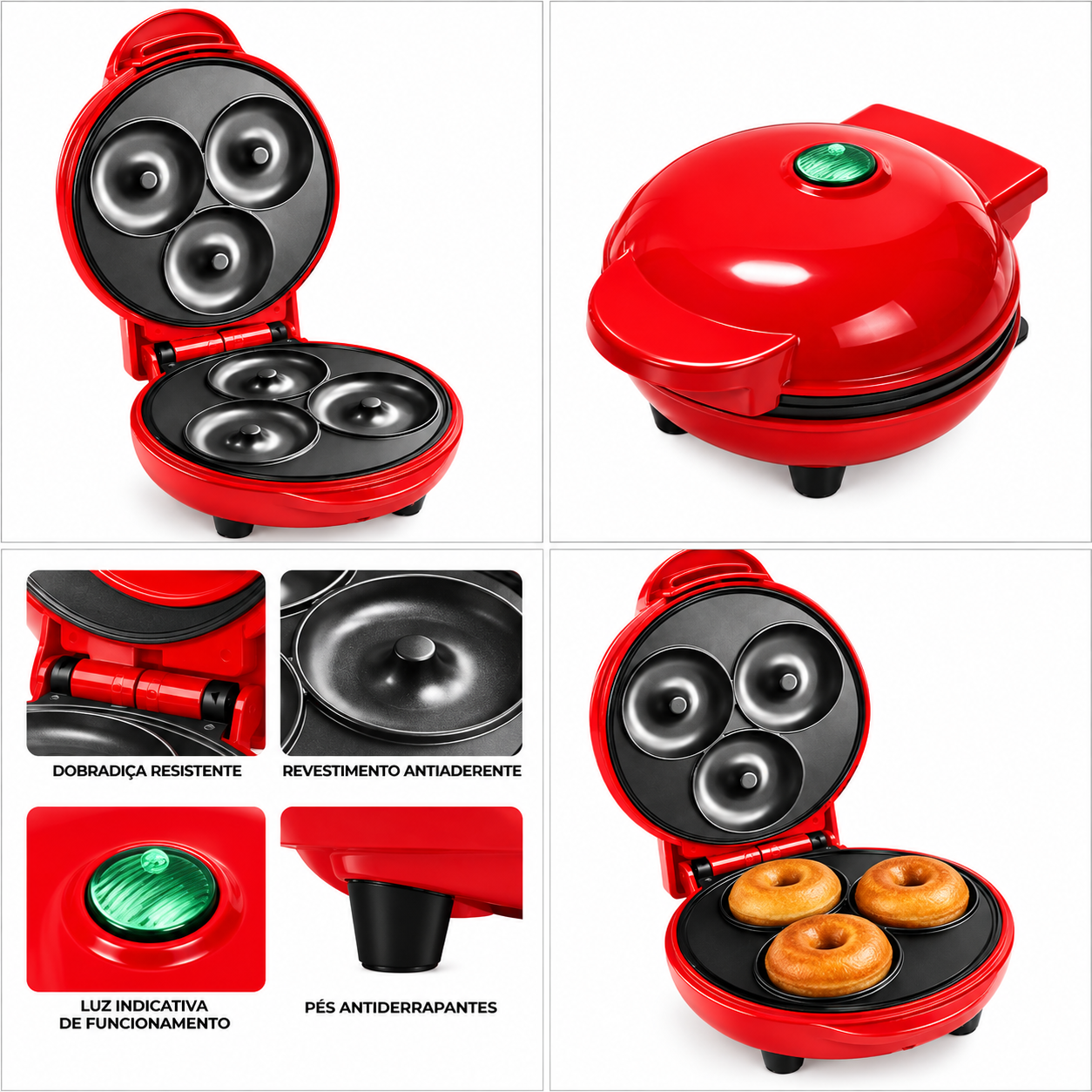 Mini Máquina Elétrica de Donuts Vermelha Antiaderente