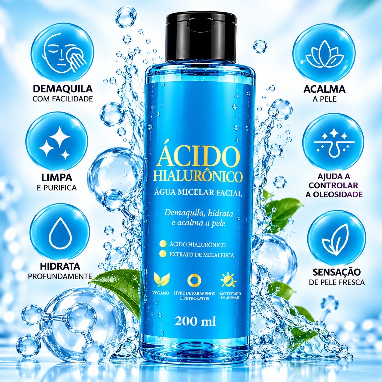 Água Micelar Facial Ácido Hialurônico com Extrato de Melaleuca 200ml