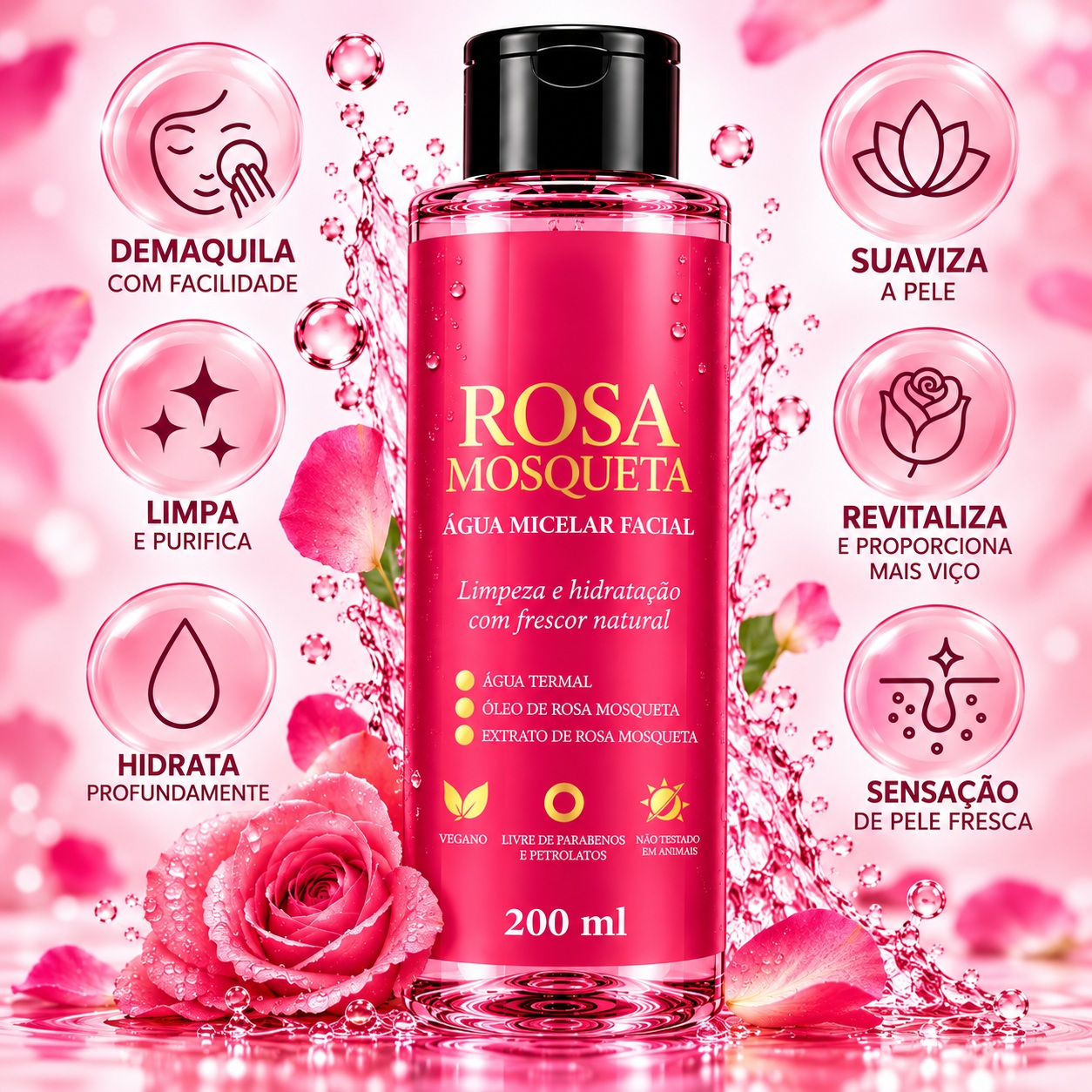 Água Micelar Facial Rosa Mosqueta Limpeza e Hidratação 200ml