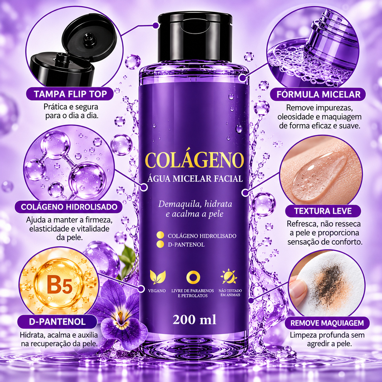 Água Micelar Facial Colágeno Hidrolisado com D-Pantenol 200ml