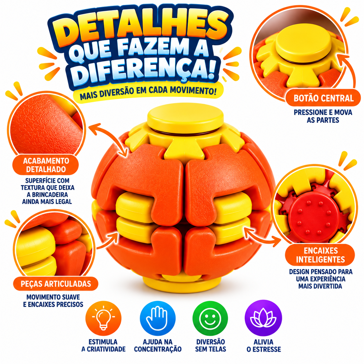 Brinquedo Sensorial Bola Giratória Antiestresse com Movimento Interativo (AZUL E AMARELO)