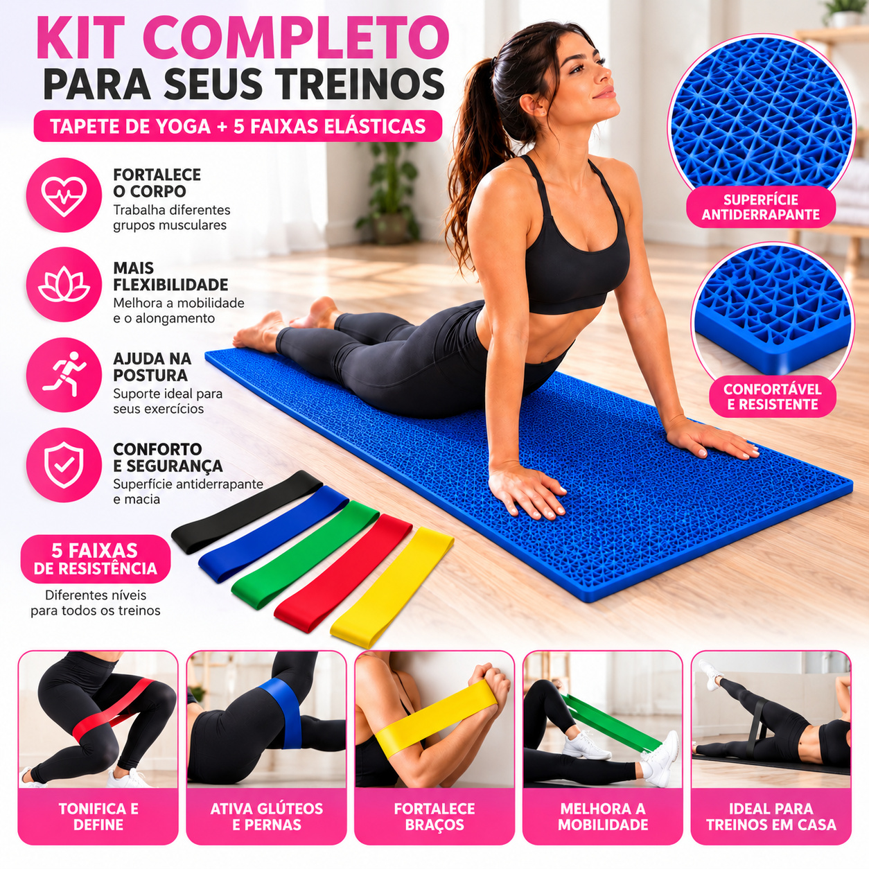 Kit Tapete de Yoga + 5 Faixas Elásticas de Resistência para Exercícios (VARIADO)