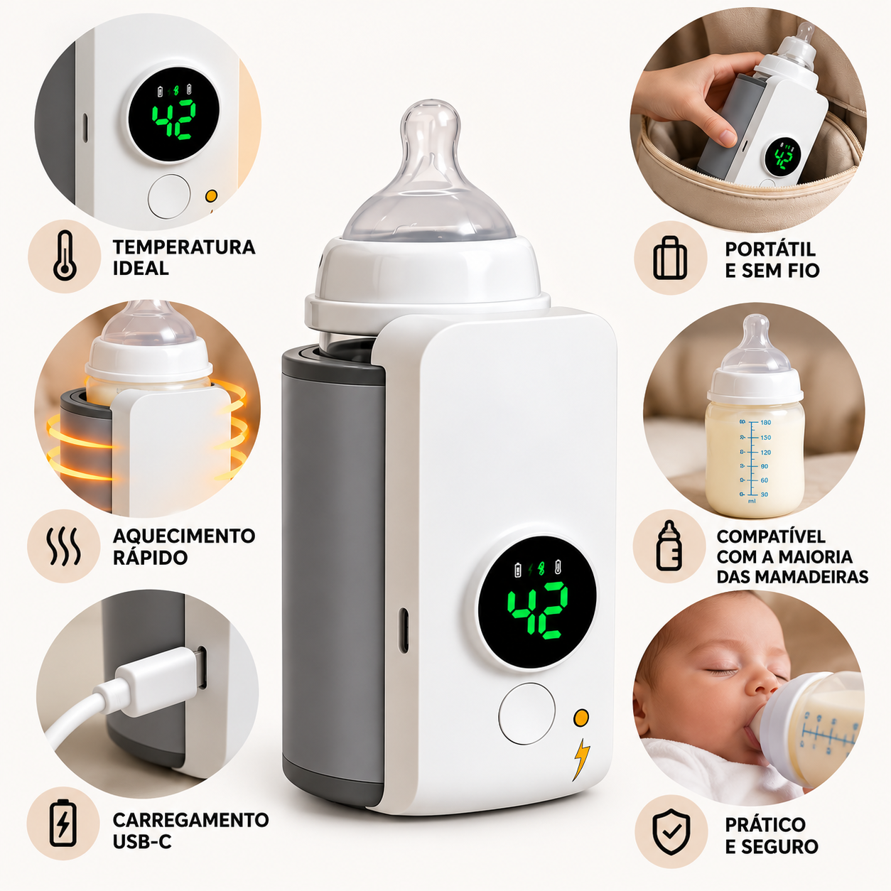 Aquecedor de Mamadeira Sem Fio Digital Portátil Recarregável USB