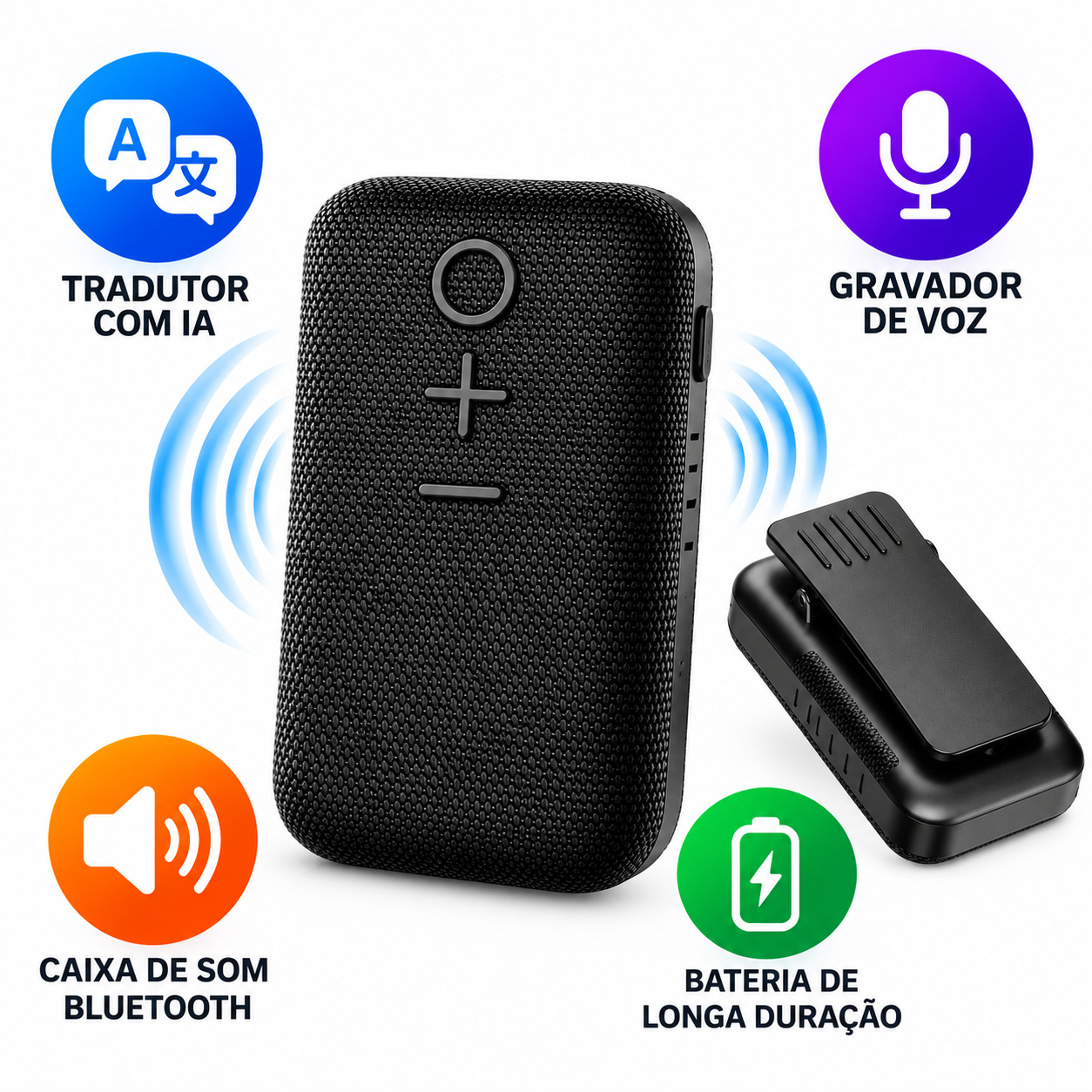 Tradutor de Voz com IA Bluetooth – Gravador e Caixa de Som Portátil