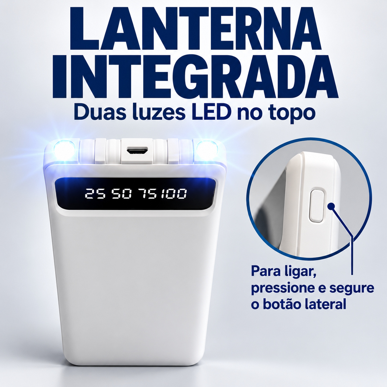 Power Bank 20.000mAh com Cabos Integrados USB-C, Lightning e Micro-USB (BRANCO)