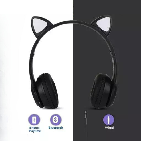 Fone Bluetooth Orelha De Gato Led Colorido (PRETO)