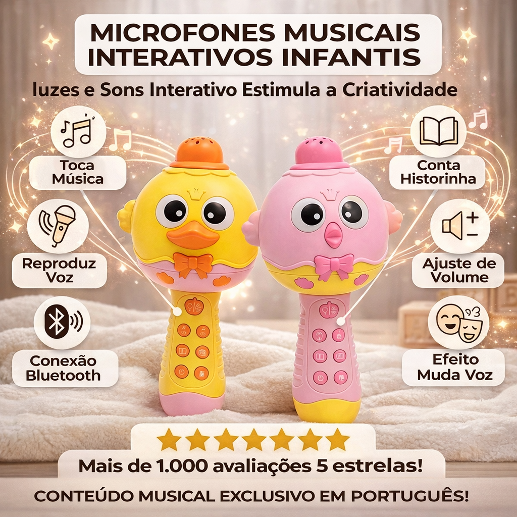 Microfone Musical Infantil Interativo com Luzes e Sons Amarelo