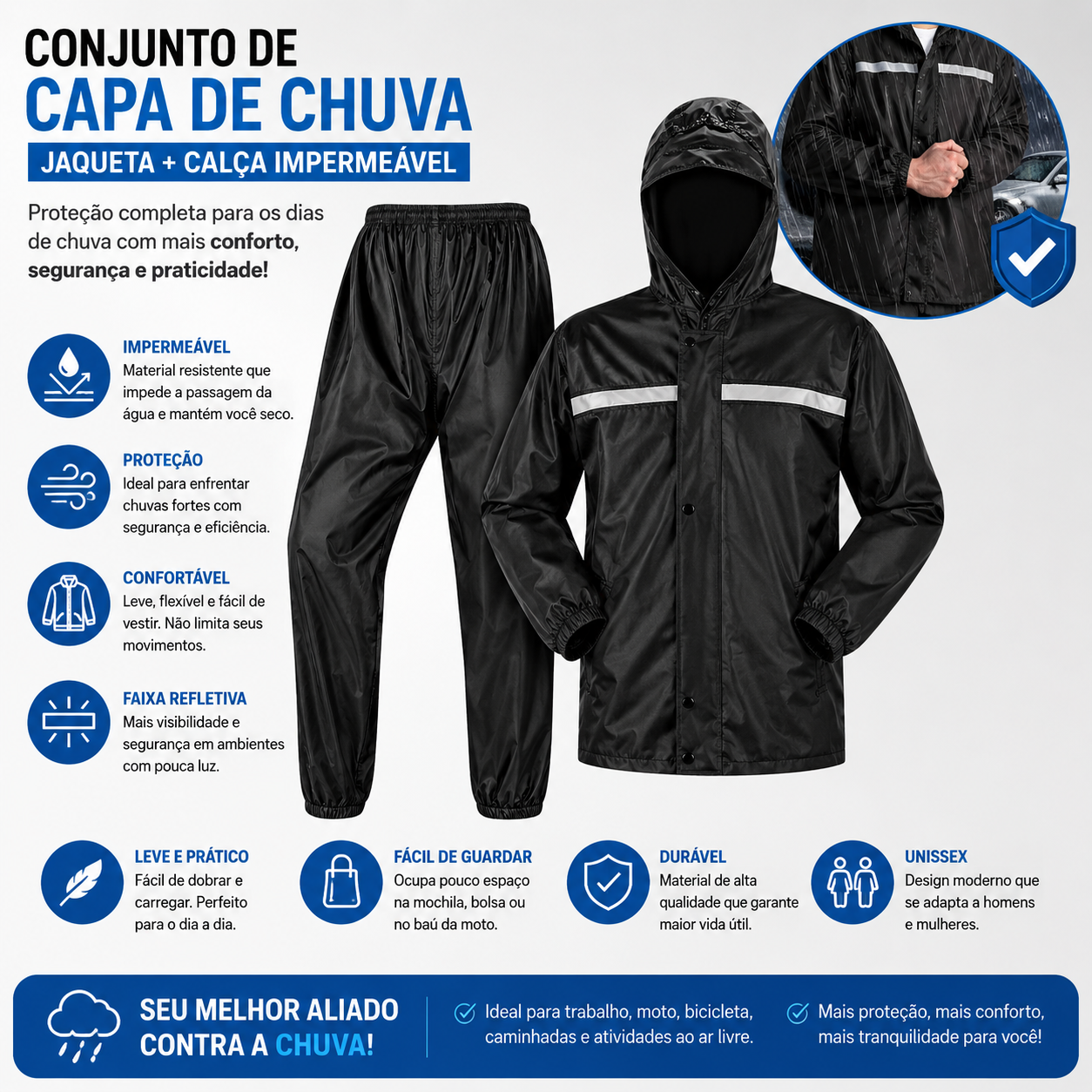 Capa de Chuva Impermeável Motoqueiro Com Touca E Viseira - G (PRETO)
