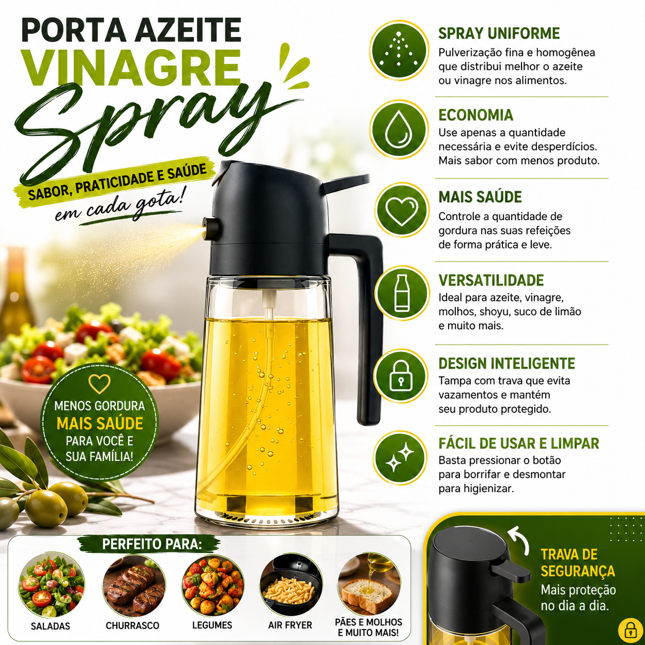 Porta Azeite e Vinagre Spray em Vidro com Borrifador Pulverizador (BRANCO)