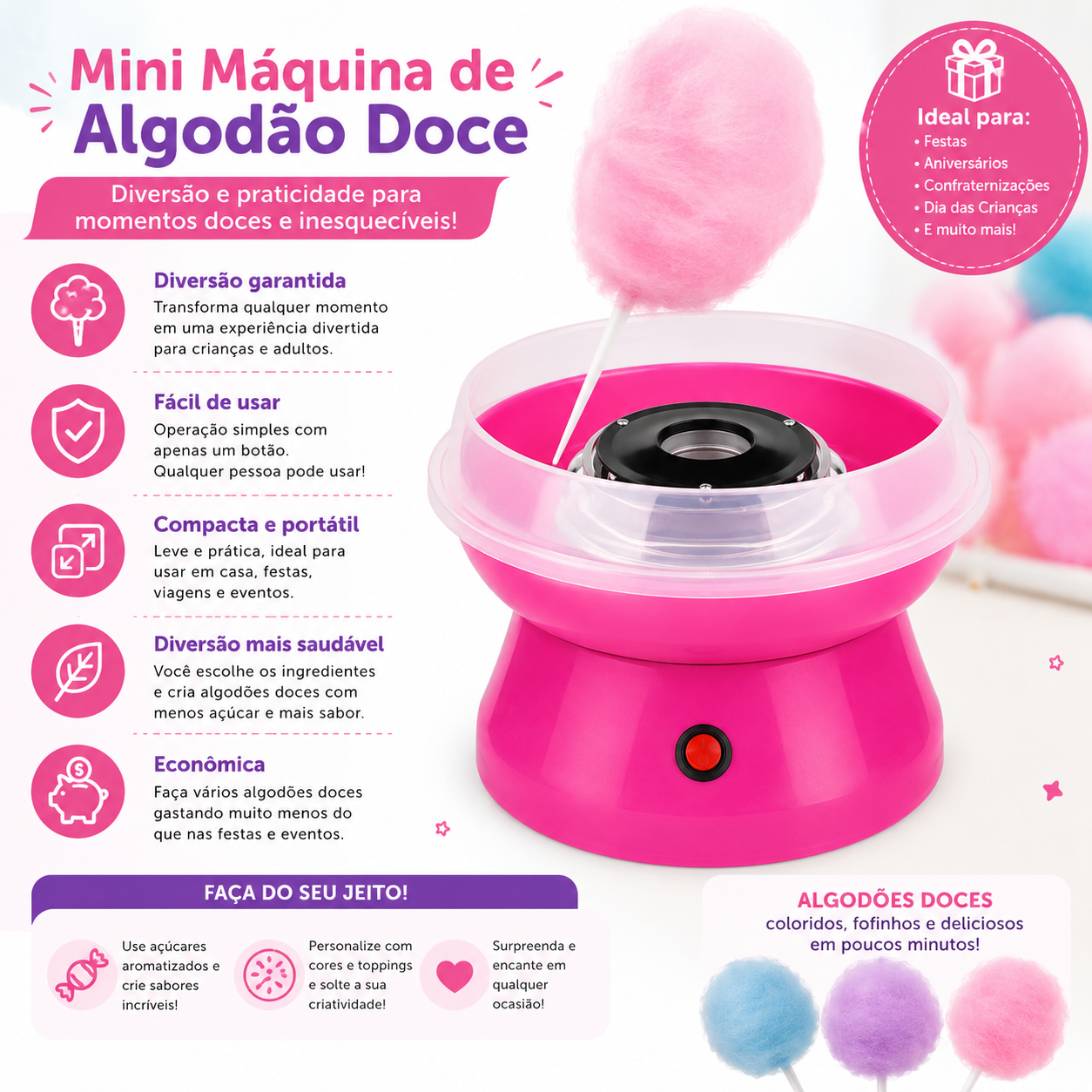 Mini Máquina de Algodão Doce Elétrica Portátil