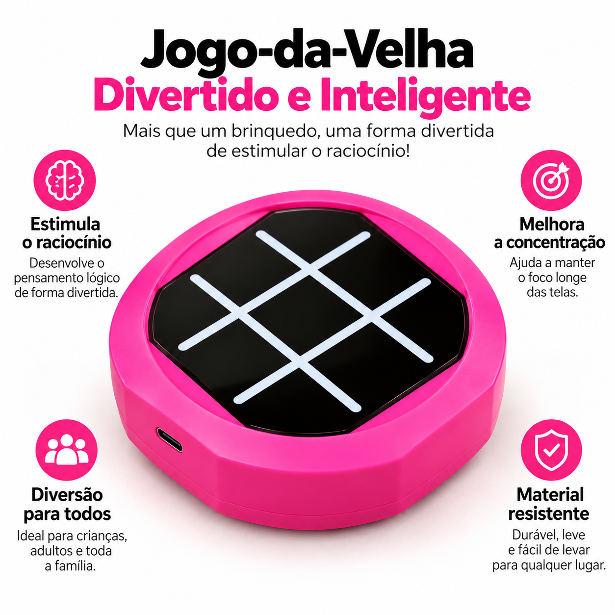 Jogo da Velha Eletrônico Rosa com Luzes LED e Carregamento USB-C